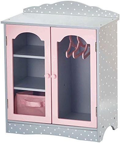 Olivia's Little World Polka Dot Princess Wooden Shaker-Style Double Closet for 18" Doll Wardrobes with Windowed Doors, Three Shelves