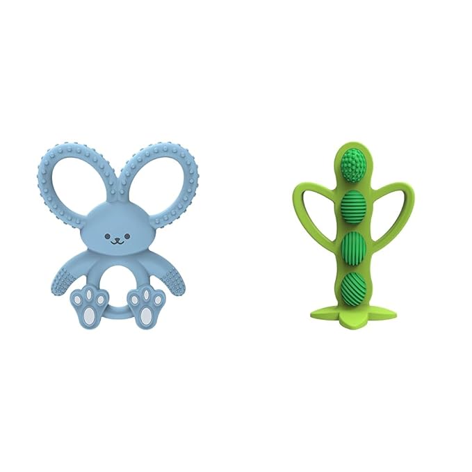 Dr. Brown's Flexees Blue Bunny Silicone Teether and Peapod Teether Toothbrush Bundle for Baby, 3m+