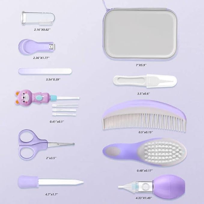 Baby Grooming Kit, 15 in 1 Portable Baby Safety Care Kit with Baby Brush and Comb Set Nail Clippers Nasal Aspirator etc for Nursery Newborn Infant Girl Boys Keep Clean Baby Essentials (Purple)