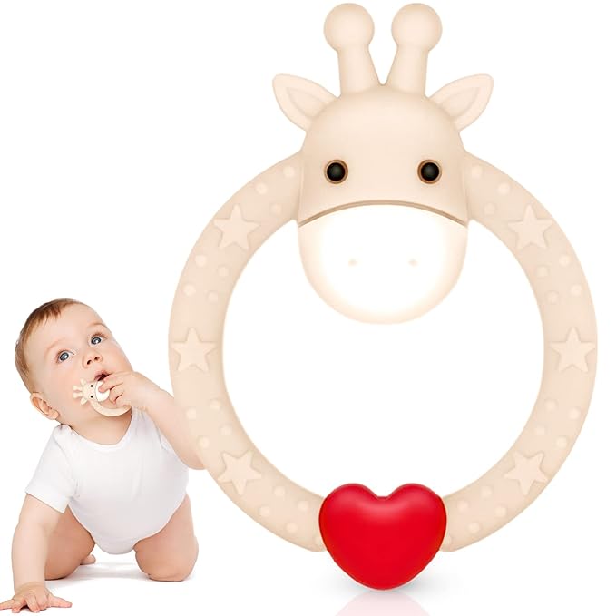 SHARE&CARE BPA Free Silicone Giraffe Baby Teether Toy with Storage Case, for 3 Months Above Infant Sore Gums Pain Relief and Baby Shower