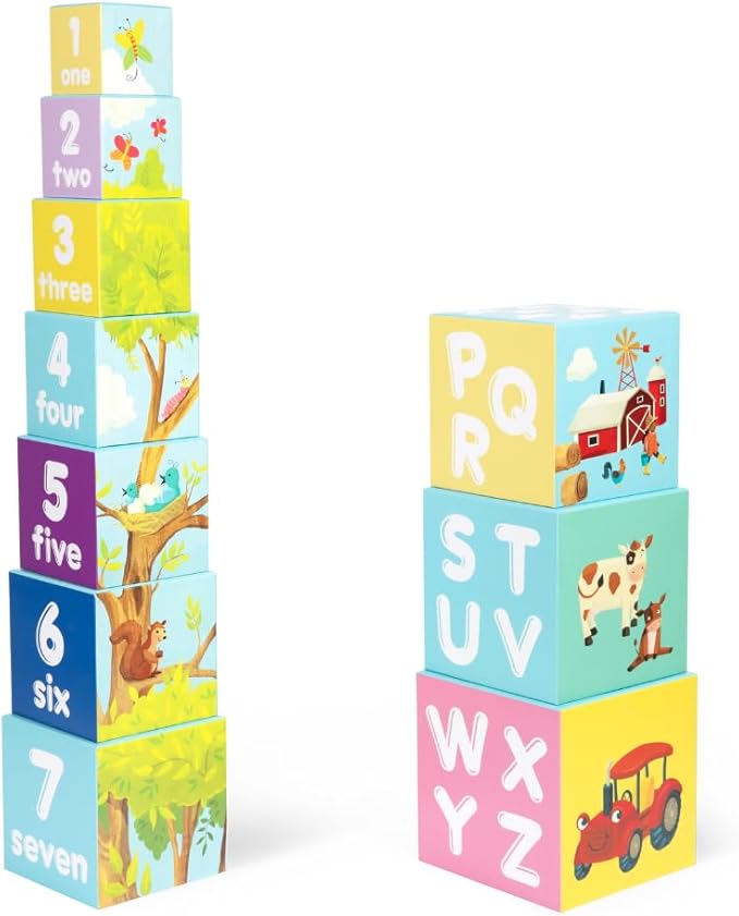 Baby Stacking Blocks Farmyard Animal Toys with Letters and Numbers, Montessori Cubes for Toddlers
