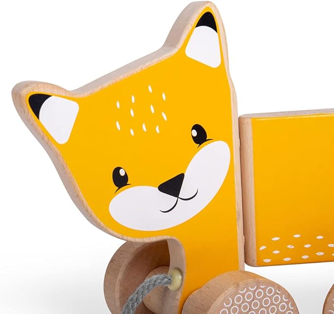 Bigjigs Toys FSC Certified Fox Pull Along Toy - Eco-Friendly Wooden Fox with Grey Pull Cord, Quality Pull Along Toys for 1 Year Olds