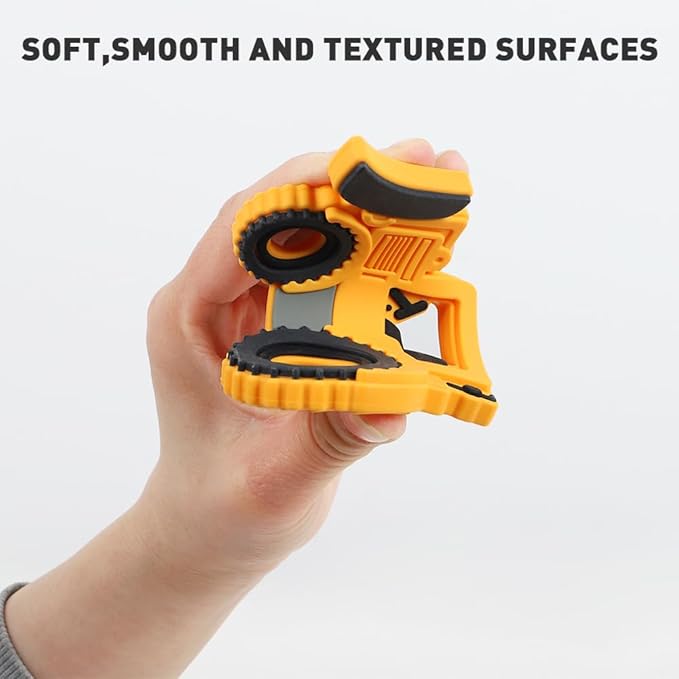 Baby Construction Vehicles Teething Toys,Food Grade Silicone Teether with One-Piece Pacifier Clip Holder 3 Months+