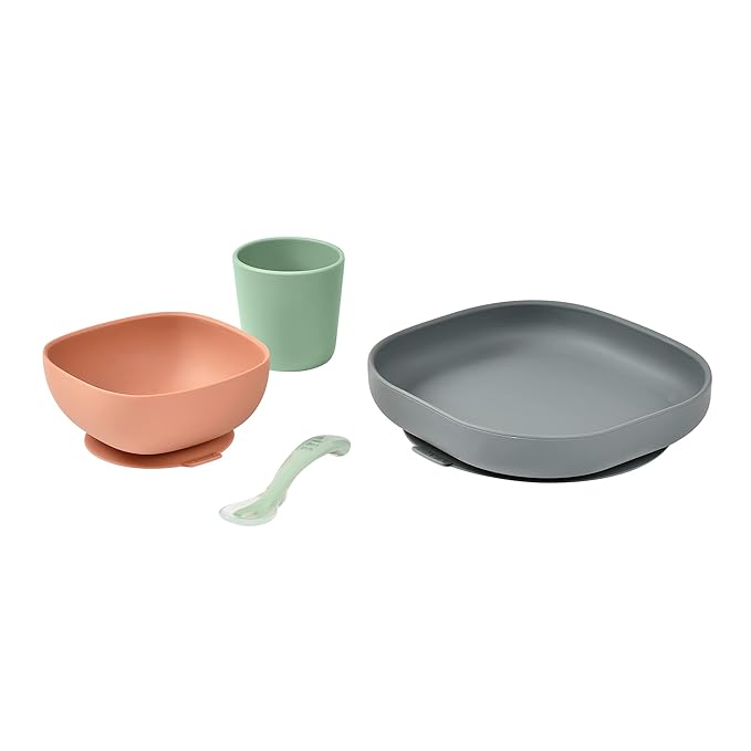 BEABA 100% Silicone 4 Piece Baby Feeding Set, Suction Plates for Baby, Includes Plate, Bowl, Cup, 2nd Stage Silicone Spoon, High Grade Food Safe Silicone, Mineral