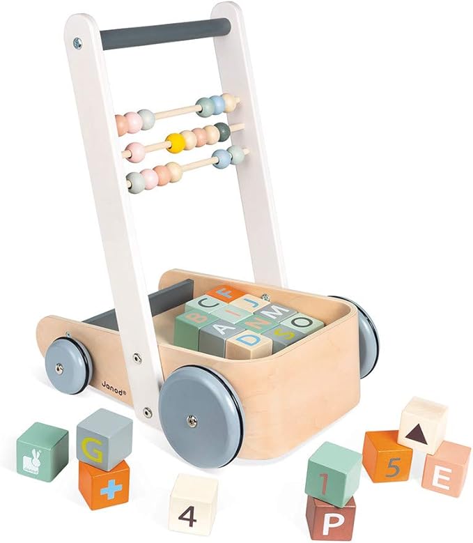 Janod Sweet Cocoon ABC Block Cart Push Toy with 20 ABC Blocks - Ages 1+ J04408