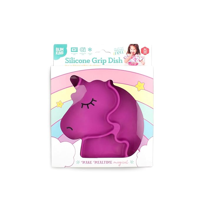 Bumkins Toddler and Baby Suction Plate, Silicone Divided Grip Dish, Babies and Kids, Baby Led Weaning, Children Feeding Supplies, Non Skid Sticky Bottom, Platinum Silicone, Ages 6 Months Up, Unicorn