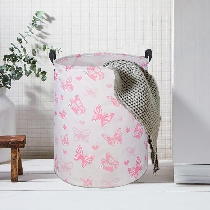Round Pink Butterfly Laundry Basket for Girls Room Decor, Kids