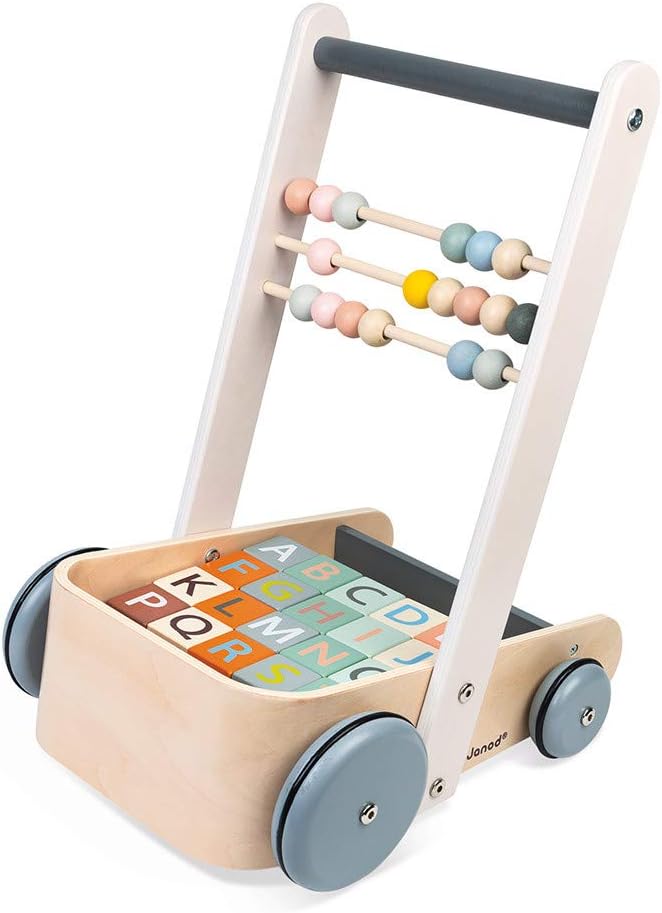 Janod Sweet Cocoon ABC Block Cart Push Toy with 20 ABC Blocks - Ages 1+ J04408