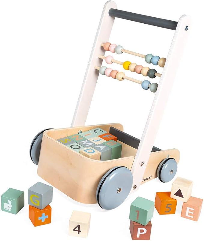 Janod Sweet Cocoon ABC Block Cart Push Toy with 20 ABC Blocks - Ages 1+ J04408