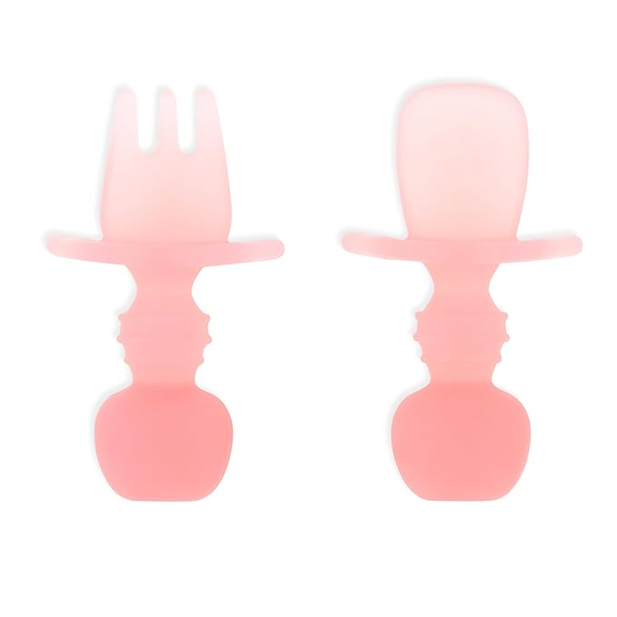 Bumkins Baby Utensils Set, Chewtensils Silicone Spoons for Dipping, Self-Feeding, Baby Led Weaning, Trainer Learning, First Stage Eating, Soft Practice Fork and Spoon, Babies 6 Months, Pink Jelly