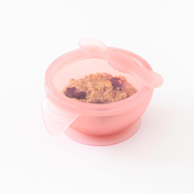 Bumkins Baby Bowl, Silicone Feeding Set with Suction for Baby and Toddler, Includes Spoon and Lid, First Feeding Set, Training Essentials for Baby Led Weaning for Babies 4 Months Up, Pink Jelly