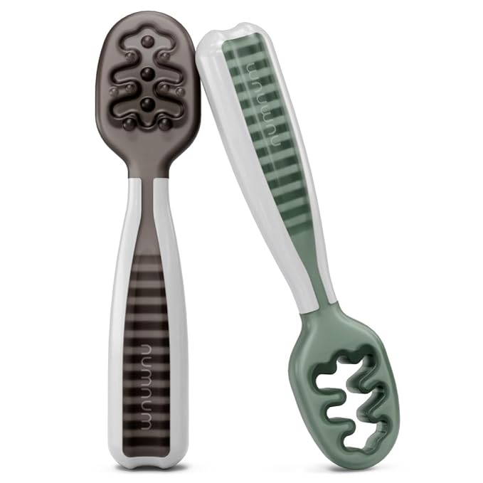 NumNum Baby Spoons Set, Pre-Spoon GOOtensils for Kids Aged 6+ Months - First Stage, Baby Led Weaning (BLW) Spoon - Self Feeding, Silicone Toddler Food Utensils - 2 Spoons, Gray/Green