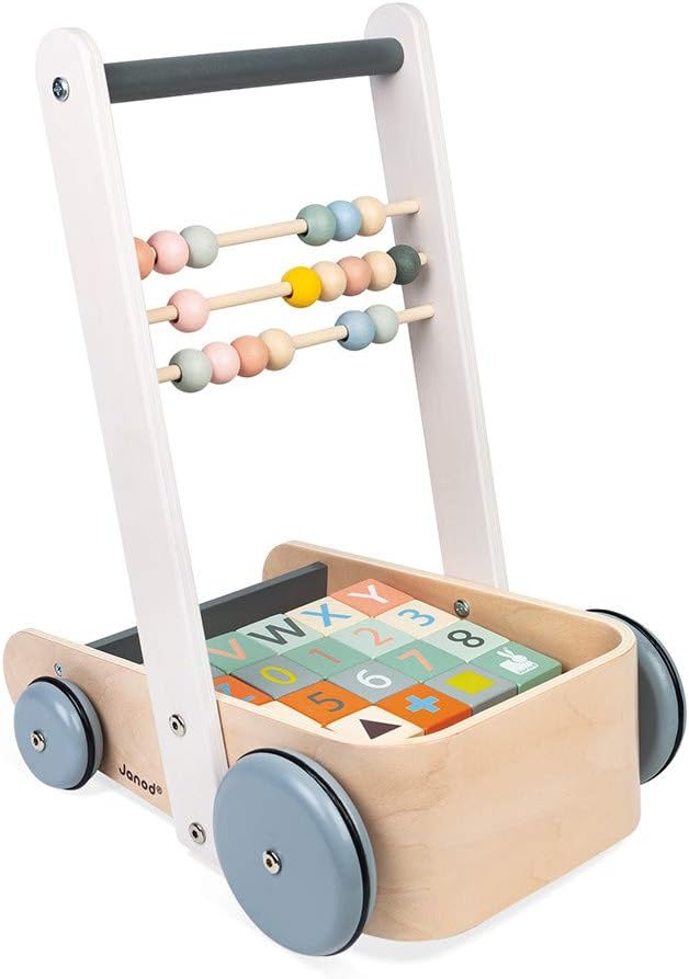 Janod Sweet Cocoon ABC Block Cart Push Toy with 20 ABC Blocks - Ages 1+ J04408