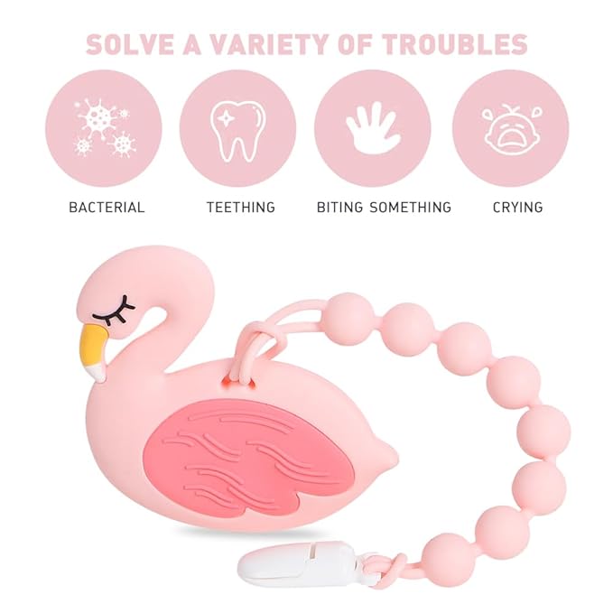 Baby Teething Toys,Food Grade Silicone Teether with One-piece Pacifier Clip Holder 3 Months+