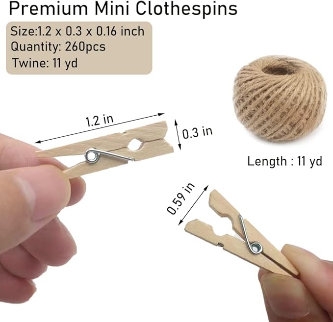 Mini Clothes Pins, 260 PCS Small Wooden Clothes Pins with Jute Twine