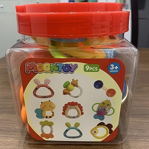 MOONTOY Baby Rattles Teether Set Toys for 0 1 2 3 4 5 6 7 8 9 10 11 12 9PCS Baby 0-3-6-12 Month