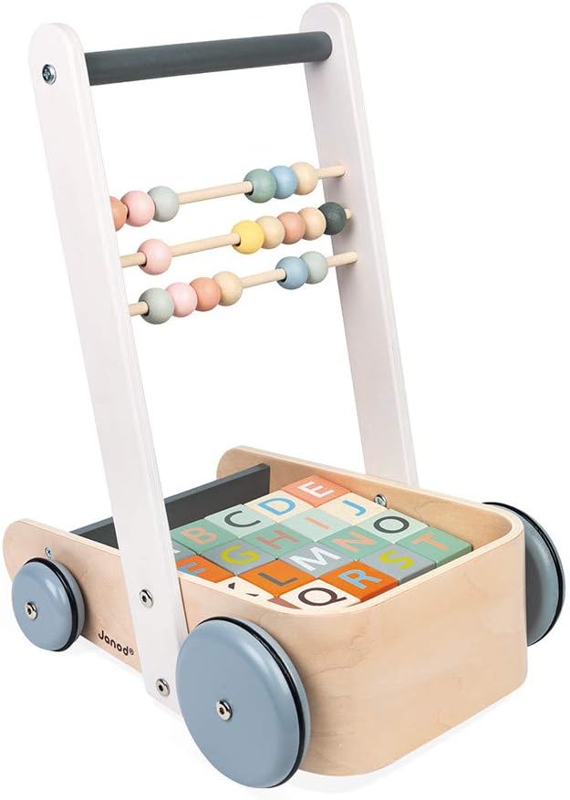 Janod Sweet Cocoon ABC Block Cart Push Toy with 20 ABC Blocks - Ages 1+ J04408