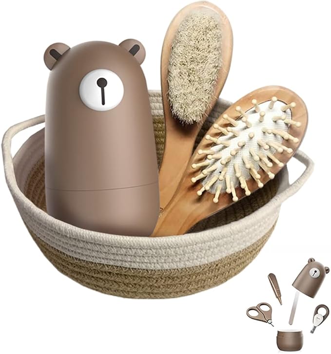 Baby 7 in 1 Grooming Set, Nail Scissors, Nail File, Tweezers, Natural Wood Hair Comb, Storage Basket for Children and Newborns in Beautiful Gift Box