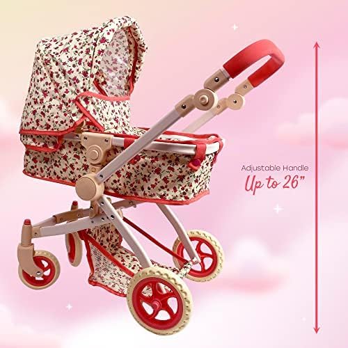 Convertible Combo Baby Doll Stroller for 3 Year Old Girls & Up | Play Toy Baby Stroller for Dolls, Folding Adjustable Bassinet Carriage Buggy with Storage Basket Converts to Sit Up Pushcart Pram