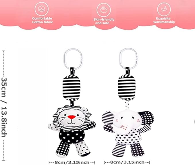 2Pcs Hanging Rattle Toys for Babies, Hanging Baby Toy, Car Seats Stroller Toys with Wind Chime for Newborn 0-36 Months, Clip Hanging Plush Squeeze Toys, Best Birthday Gift for Newborn
