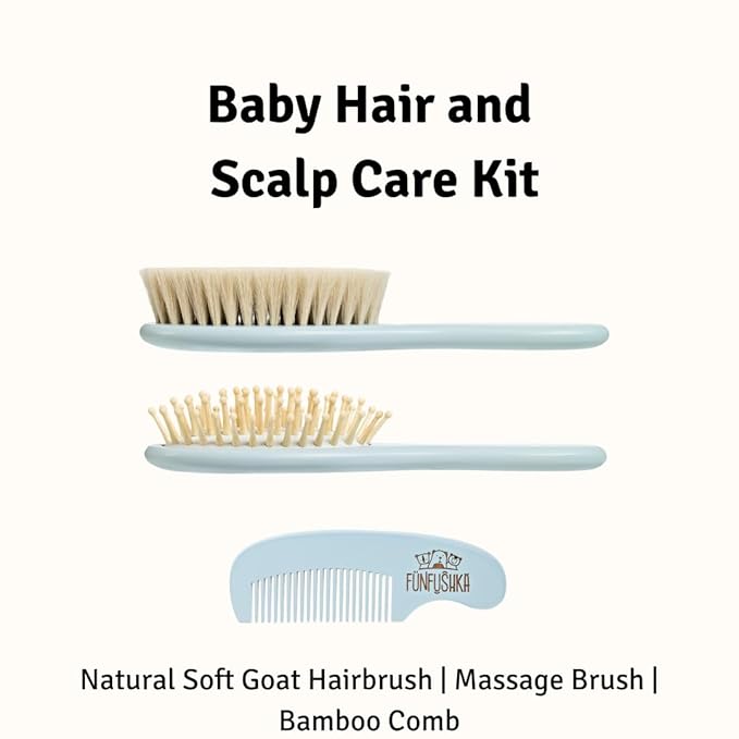 Wooden Baby Hair Brush and Comb Set for Newborns - Baby Soft Goat Bristle & Comb for Gentle Scalp Care - Perfect Registry Gift Set - Cradle Cap Brush for Newborn (Sky)