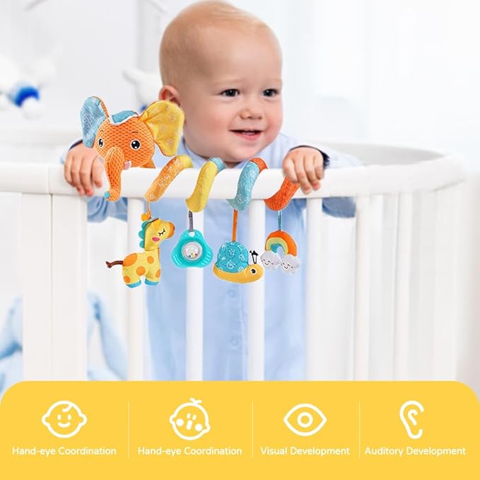 Car seat Hanging Toys, Baby Spiral Activity Plush Stroller Toys Baby Rattle Sensory Toys for Crib Mobile Bassinet with Music Box BB Squeaker Rattles, Infant Toys for 0 6 12 Months Gifts