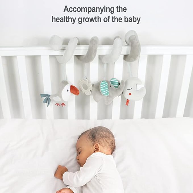 Baby Car Seat Toys, Activity Spiral Plush Hanging Wrap Around Pram Pushchair Stroller Toys, Sensory Early Education Toy for Toddler, Grey Elephant