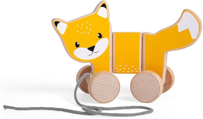 Bigjigs Toys FSC Certified Fox Pull Along Toy - Eco-Friendly Wooden Fox with Grey Pull Cord, Quality Pull Along Toys for 1 Year Olds