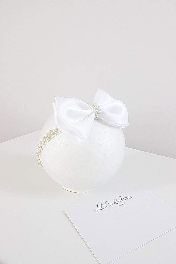 0-12 Newborn Baby Baptism Pearl Headband with Bow in WHITE Christening Headband with Satin Bow, Pearl Rhinestone Band (Peach(6-12Months) 6-12Months)