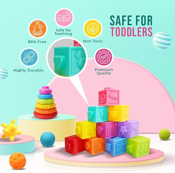 Montessori Silicone Teething Toys for Babies 6 Months + Sensory Developmental Educational Baby Toys Infants & Toddlers - Building Blocks, Stacking Rings (24 Pieces)