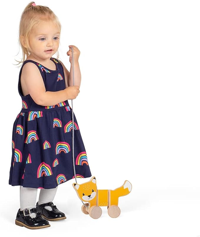Bigjigs Toys FSC Certified Fox Pull Along Toy - Eco-Friendly Wooden Fox with Grey Pull Cord, Quality Pull Along Toys for 1 Year Olds