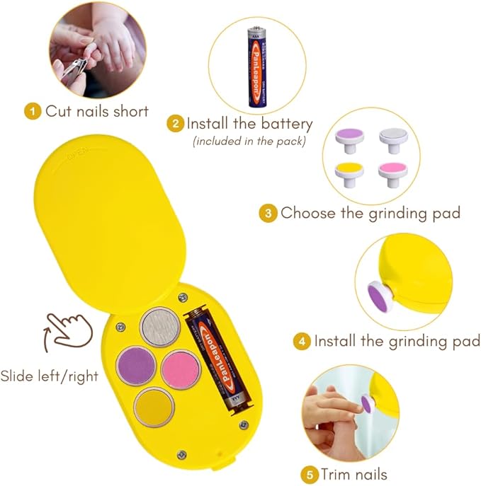 Electric Baby Nail File, Safe Electric Baby Nail Trimmer with Interchangeable Pads, Low Noise Newborn Nail File, Baby Nail Buffer and Nail Polish, Compact Nail Trimmer for Baby Grooming Kit