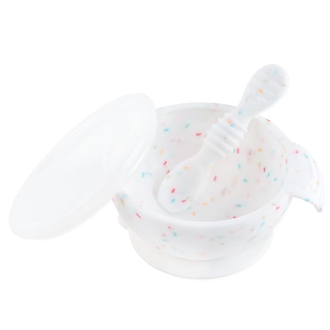 Bumkins Baby Bowls, Silicone Baby Feeding Set, Suction Bowls for Baby and Toddler with Spoon and Lid, First Feeding Set, Platinum Silicone Bowl for Babies 4 Months