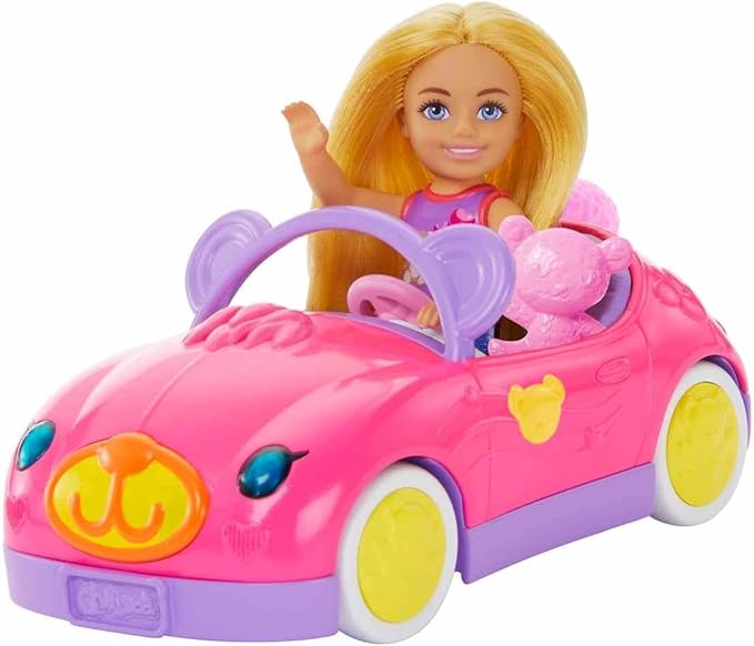 Barbie Chelsea Doll & Toy Car Set with Bear-Themed Convertible & Teddy Bear Accessory, Blonde Small Doll Wears Removable Skirt & Shoes