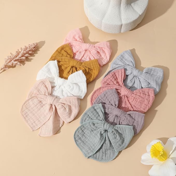 Cotton Muslin 4.5Inch Hair Bow Clips 8Pcs Set, Big Bow Alligator clips