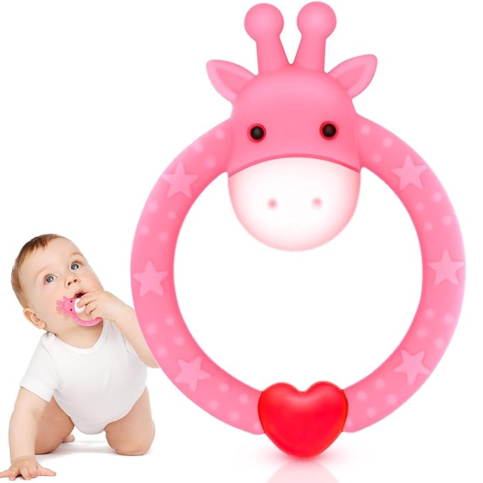 SHARE&CARE BPA Free Silicone Giraffe Baby Teether Toy with Storage Case, for 3 Months Above Infant Sore Gums Pain Relief and Baby Shower