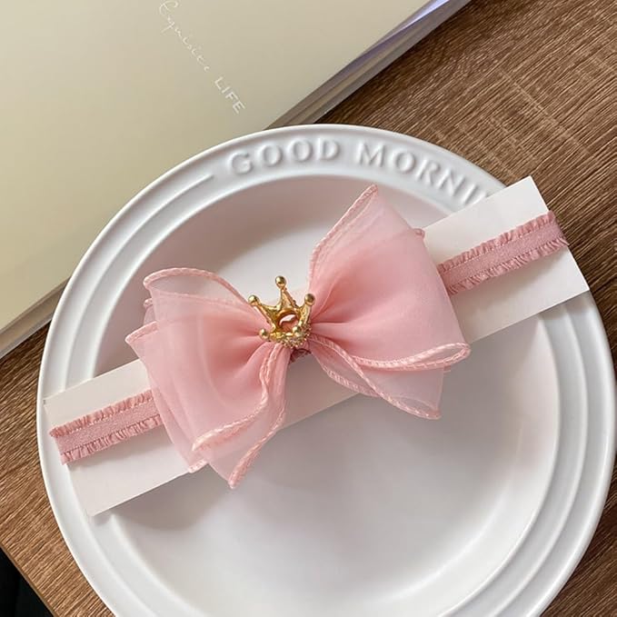 Cute Baby Girl Headband with Lace Bow and Crown Elastic