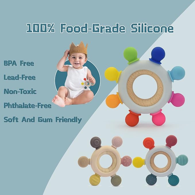 Baby Teething Toys-Silicone Boat Rudder Baby Teether Toys,Removable Wooden Ring 0-24 Months’╝?