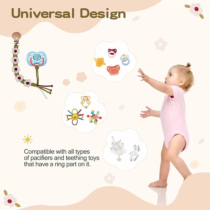 Braided Pacifier Clip for Boys Baby Girls Floral Daisy Macrame