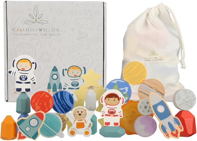 Toddler 30 Piece Stacking Wood Blocks Space Gift - Montessori 2 Year