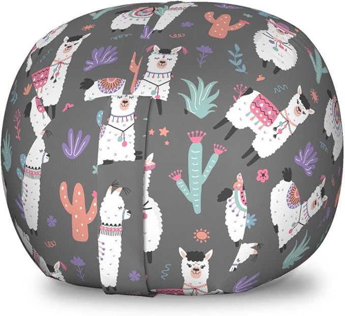Lunarable Alpaca Storage Toy Bag Chair, Happy Cartoon Illustration of in Ornaments and Motifs Traditional, Stuffed Animal Organizer Washable Bag, Small Size, Grey White