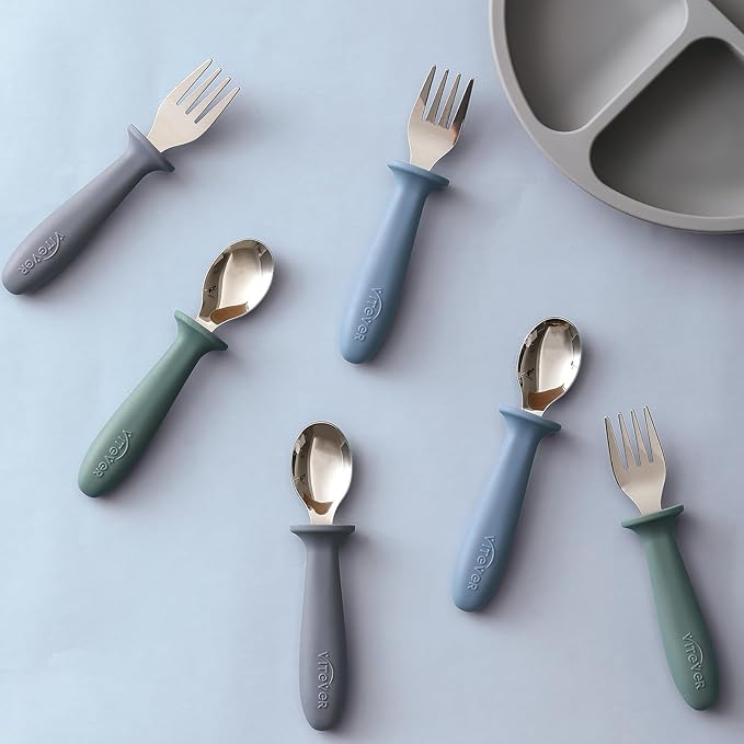 6 Pieces Toddler Utensils, Kids Safe Spoons and Forks, Children Silverware Set with Silicone Handle, 18/8 Stainless Steel, Food-grade Silicone,BPA Free - Dishwasher Safe