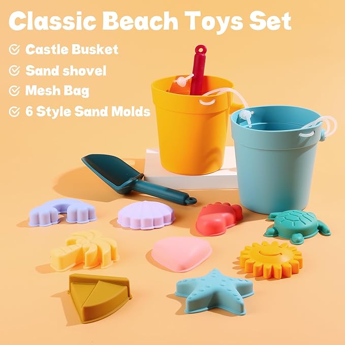 Hungdao 14 Pcs Silicone Beach Toys Travel Beach Set Sand Toys Include 2 Silicone Bucket Pail, 2 Shovel 9 Sand 1 Beach