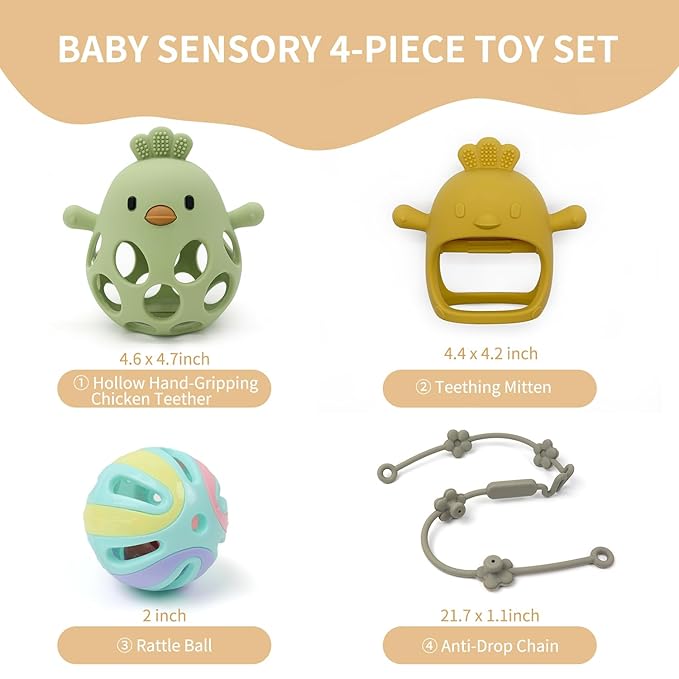 Baby Sensory 4-Piece Toy Set: Hollow Hand-Gripping Chicken Teether, Teething Mitten