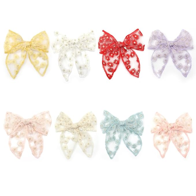 Fable Embroidered Hair Bow clips, Gauze Large Bows Alligator clips 8 PCS