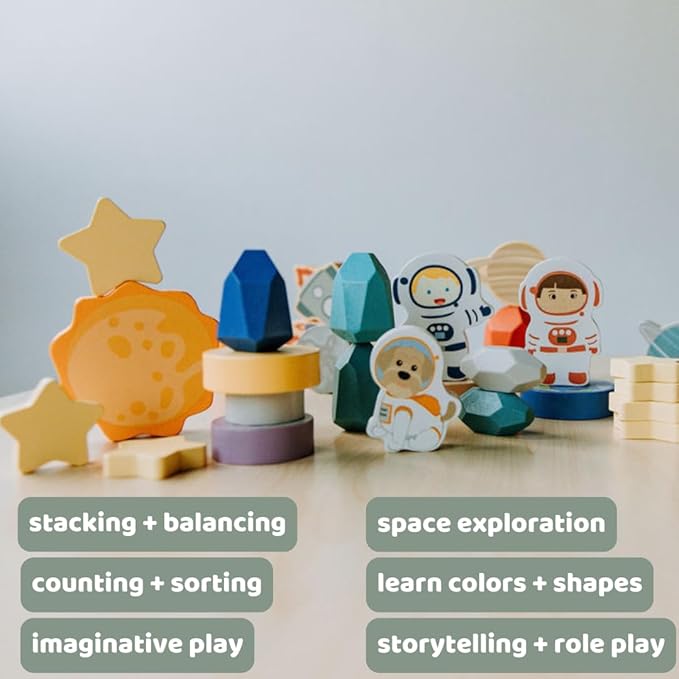 Toddler 30 Piece Stacking Wood Blocks Space Gift - Montessori 2 Year
