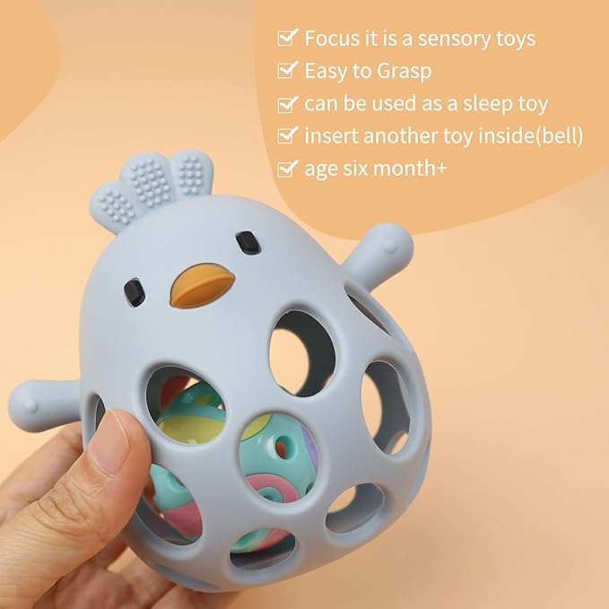Baby Sensory 4-Piece Teething Toy Set: Hollow Chicken Teether, Mittens 6-Months (Blue/Beige)