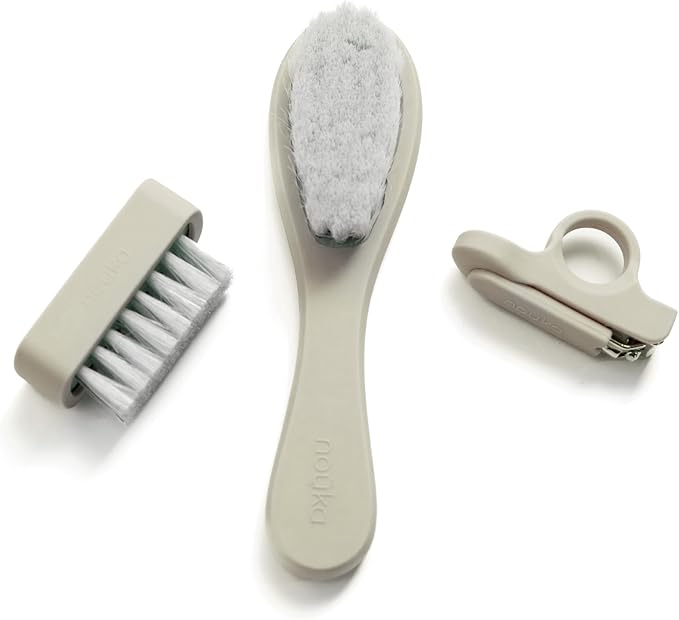 nouka Baby Care Kit Set | Ultra-Soft Natural Bristle Hair Brush, Nail Clippers & Nail Brush | Wood with Silicone Sleeve | Shifting Sand
