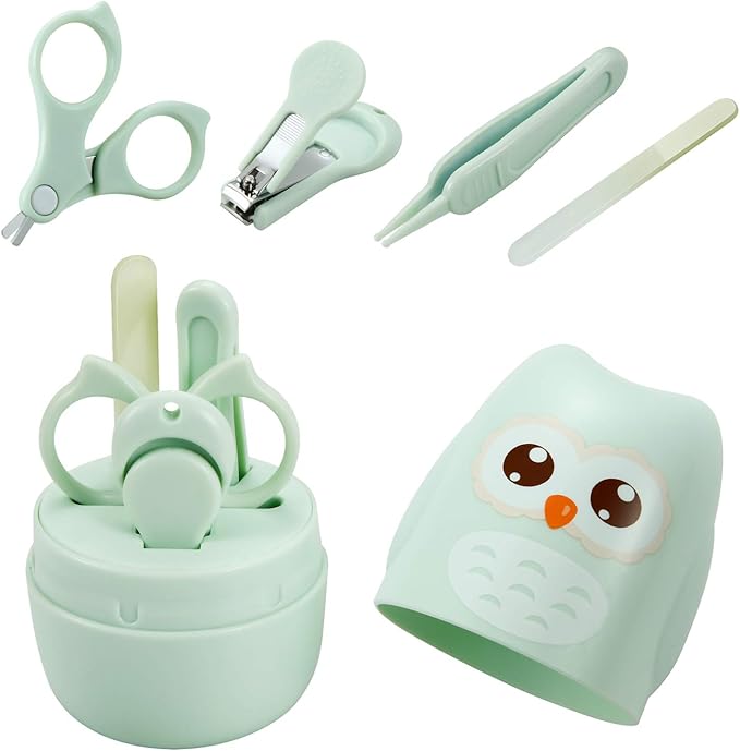 PandaEar Baby Nail Manicure Pedicure Grooming Care Kit (4 Pack)| Clippers Scissors File Tweezers | Newborn Infant Toddler Kids|1 Months Plus (Green)