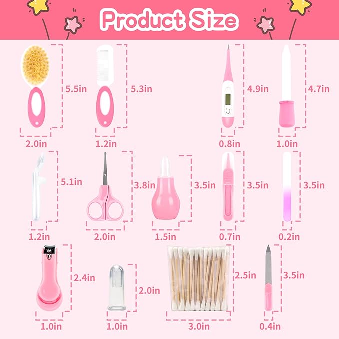 Baby Grooming Kit,Infant Safety Care Setwith Hair Brush Comb Nail Clipper Nasal Aspirator, Baby Essentials Kit for Newborn Girls Boys (14 PC-Pink Kit)